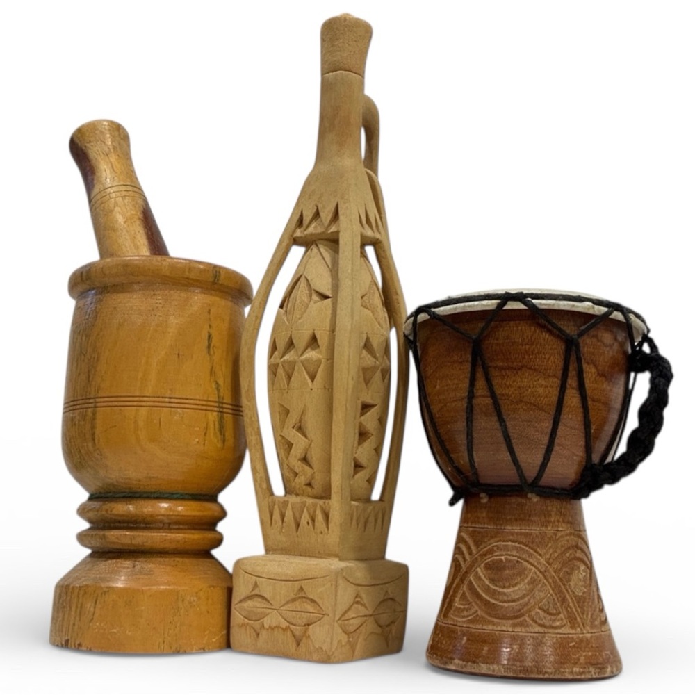 Wood Decorative Set/3 Collection Hollow Wooden Hand Carved Bottle/Drum/Mortar